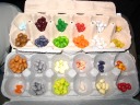 Every flavor beans (a.k.a. jelly bellies) sorted into piles.
