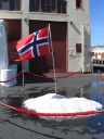 I love the Norwegian flag planted in a snowpack.  Clearly this required
some planning.   Oddly, I didn't noticed it when entering, only
when leaving.
