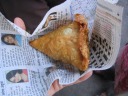 My good samosa, served piping hot and thus wrapped in a newspaper for my
protection.
