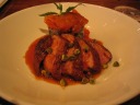 "Maple glazed duck breast, ginger wild rice pilaf. Saute greens, apricot & 
pistachio marmalade."
