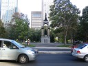 Place du Canada, a small park downtown.  Ironically, the statue of 
Canada's first prime minister faces the street (also in the picture) named 
for Quebec's first separatist premier.
