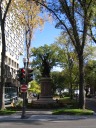 The Montcalm Monument sits on a narrow strip of park.
