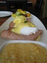Eggs benedict, fruit, and grits.
The grits were good and creamy but still grits (and hence not that appealing).
