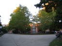 A civil war memorial, "Training Field," in a park.
