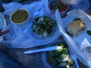 Picnic lunch, from roughly left to right:roasted veggie soup (stolen
from Dudley's cafeteria): decentsalad with potatoes (ditto): quite
goodpesto tortellini (from Darwin's): respectablefried cod
sandwich (from Darwin's): nicely done.For dessert: chocolate in the
shape of animals from Burdick Chocolate.  I'd been carrying those around
for days.
