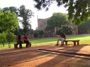 We rested under some neem trees in a shady part of the tomb's grounds. 
Neem trees are a "classic" tree native to India that have antiseptic
properties like Eucalyptus.
