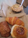Once again, brunch from Clear Flour. 

coffee cake (top) - good.

apricot croissant - good and flaky, though not as buttery as some we
had in Montreal.  Had a substantial layer of apricot filling.

banana pecan scone - good.  The flavors really came through.  Not as
dry as most scones. 

morning bun (with walnuts) - good.
