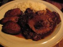 "Asado Negro: panela and onion slow-cooked beef and sauce with rice and
sweet plantains."  I thought the meat was pretty boring; it reminded me
of dorm food.  The plantains were the standard good fried plantains.
