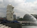 The Merlion, Singapore's national symbol, in Merlion Park.  In the
background is the spiky Esplanade-Theatres on the Bay.  Some say it
looks like it a durian.  I've photographed it before, at night.
