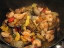 My mom's shrimp and vegetable stir fry, which we tossed with pasta.   This picture sadly doesn't reflect the dish's vibrant colors.
