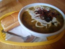 Osh / aush, a hearty Persian spinach-based soup topped with fried onions 
and swirled with sour cream.  I liked it a lot and began researching 
where else I can find it.  It was so filling that, together with my 
sandwich, when 8:30pm rolled around, I realized I still wasn't hungry.

