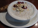 I had heard the oatmeal at the ubiquitous local chain Corner Bakery was good.  It
was not: someone got lazy stirring.  My instant oatmeals at home are
better.  Most people seemed to be ordering traditional brunch fare
such as omelettes.
