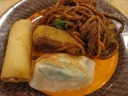Egg roll: mostly dough, but with a moist, creamy corn and cabbage
filling.  Chow mein: good, though greasy.  Some deep-fried
thing with red bean paste inside: hmmmm. I don't know what to think.  Wonton: juicy.  Decent/good.  Served cool.

