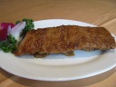 Fake BBQ duck.  Made of layered tofu, they managed to make both the skin 
and internal textures seem mostly right.

