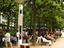 People relaxing in the park.  Each table has four people playing a card 
game; I'm not sure which one.  Players seemingly draw cards from the 
pile at will.

