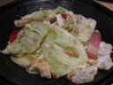 Spicy cabbage and salted pork served in a hot pot.  A mellow dish with 
soothing cabbage.
