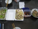 Dinner, from left to right: leftover pork with asparagus, 
take-out chicken, left-over drunken shrimp, take-out mushrooms.  We had 
lychee for dessert (not pictured).

