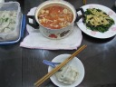 Dinner: wontons that were hand-made by a person at our local market 
(good), along with other stuff Di Yin made.

