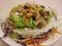 "Vegetarian ham with chestnuts, water chestnuts, carrots, and celery."  
It smelled good and tasted fresh and light.

