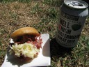 A pastrami slider from MoMo's (I liked it better without the
cheese (yes, those thin ribbons are cheese)) and a Hell or High Watermelon
Wheat Beer from 21st Amendment Brewery: both
good.

