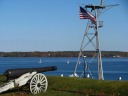Cannons and seagulls on a mound on the East End overlooking the ocean.

