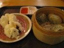 At left, steamed bbq pork buns (char siu); at right, steamed shrimp 
dumplings with chives.


