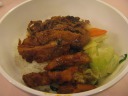 Garlic shredded pork with Sichuan chicken over rice.  Boy that pork was 
peppery!  It made me sweat and my nose run.  The fried chicken was 
alright, and a happy relief from the pork (though I preferred the pork).
