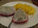 "Fresh fruit platter."  Dragon fruit and pineapple.

