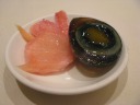 Preserved egg with pickled ginger.  The yolk had a weird stickiness that I 
found off-putting but I nevertheless liked the flavor of it with the 
white.  I'm surprised (that I liked it).  As for the pickled ginger, it was 
sweet.  Strange.  I'm not a fan.
