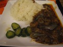 After it turned out my intended dinner destination wasn't serving what I
wanted anymore, I grabbed dinner at a fast food joint, Fairwood.  (It was a winter dish
and it's no longer winter.)  I had "eggplant with salted fish &
minced meat with rice." It was okay, not worth the calories, but I ate it
anyway because at this point I needed the calories.
