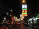 Lights and cars along Yaowarat, Chinatown's main drag.
