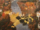 An army marches across the back of a giant monster in order to cross a 
river.
