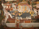 A temple with men on one side and women on the other, and beggars outside.  
A scene of life?
