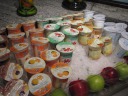 The buffet's selection of yogurts, many unusual: yogurt with mixed cereal 
and raisins, yogurt with valencia oranges, yogurt with mixed fruits (the 
picture shows dragonfruits, pineapple, plus four more), yogurt with lime 
and honey, and greek-style yogurt.
