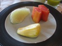 Pomelo, papaya, and jackfruit.  I've never seen the latter two at 
breakfast buffets before. The papaya was over-ripe.  As for the jackfruit, 
I usually don't like it and still don't.  If you don't know about 
jackfruit, the flavor and texture is hard to describe, so I'm not going 
to.  You can read about it on the web.
