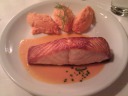 One main course: "croustillant de saumon, emulsion de tomate a l'huile
d'olive, puree de carottes" (crispy salmon, tomato emulsion and olive 
oil, and pureed carrots).  Good, buttery salmon, nicely crusted, with 
mashed carrots.



