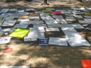 Posters laid on the ground promoting all sorts of causes.  I was 
surprised by the number of anti-war signs.  I also was surprised by the 
protest against the 11th amendment; I haven't often heard it criticized.
