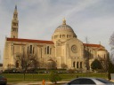 The National Shrine as approached from the east (along its long side).  
It looks so clean!  And, yes, the tower at left is part of it, despite 
it looking more distant.
