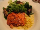 Salmon, corn, greens, and mushrooms.  Very good.

